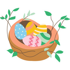 Easter Nest Filled With Colorful Decorated Eggs And Green Leaves On Transparent Background Vibrant Spring Holiday Celebration