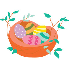 Easter Nest With Colorful Decorated Eggs And Green Twigs On Transparent Background For Spring Celebration