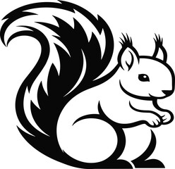 Black and white squirrel vector illustration, forest animal logo, stylized squirrel drawing, wildlife graphic art, cartoon squirrel silhouette design