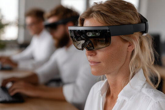 Group of professionals using augmented reality glasses in a modern office