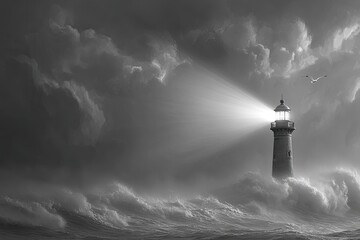 Lighthouse In Stormy Seas Monochrome Landscape
