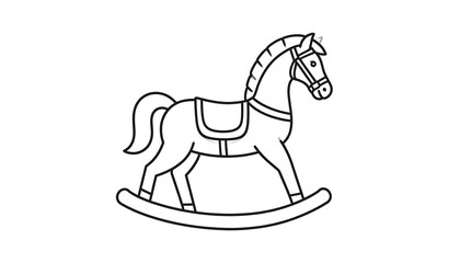 Black outline of a rocking horse with a saddle, stylized mane, and curved rockers on a white background