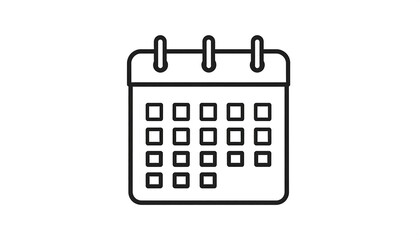 Black outline of calendar icon with filled dates on a white backdrop, minimalistic, clean lines and rounded corners