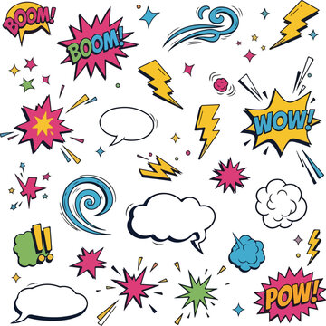 Comic Book Boom and Pow Cartoon Effect Set, hand drawn sketch doodle explosive elements with speech bubbles, action splash, smoke clouds, and wow text for dynamic illustrations
