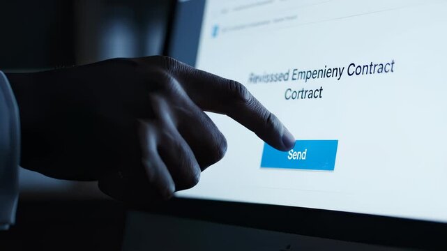 Hand Taps Send Button on Digital Contract on Interactive Kiosk