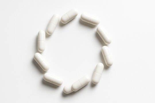 Spiral ring of white medicine capsules suspended around an empty center as if orbiting clean pharmaceutical concept studio on white