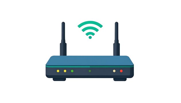 A flat, stylized router with two antennas, indicator lights, and a green Wi-Fi signal icon above it