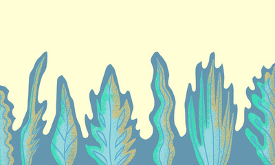 Vertical illustration of blue-green leaves in winter. There is space for text.