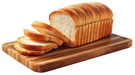 A loaf of sliced white bread on a wooden cutting board, isolated on a transparent background