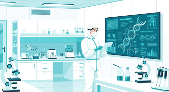 Scientist examines genetic data in modern lab setting, healthcare research