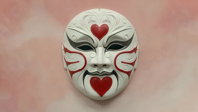 Pale Theatrical Facial Covering Used in Performance Arts Paired with Scarlet Cardiac Emblems Placed on a Blush-Toned