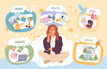 Vision board planning. Happy woman dreams and visualizes goals with pictures help, aspiration and motivation, health love and finance , cartoon flat style isolated garish vector concept