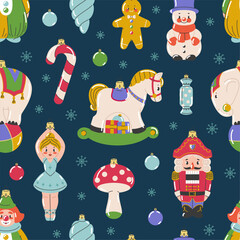 Vintage christmas toys seamless pattern. Repeated glass xmas decorations, nutcracker, ballerina, snowman, horse. Textile, wrapping paper, wallpaper. Print for fabric classy vector background