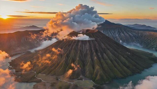 Striking Overhead Perspective of Impressive Volcanic Peaks Gracefully Encircled by Billowy Cloud Formations at