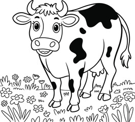 Cute cartoon cow black and white line drawing, simple farm animal illustration for kids coloring book and educational materials