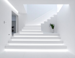 Obraz premium Modern, minimalist interior with staircase lit by concealed lighting