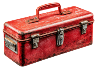 Worn red metal toolbox with rusty latches and handle