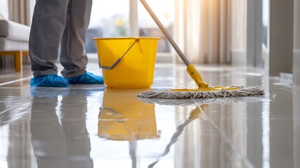 Cleaning Service Worker Mopping Floor Near Bucket Professional Housekeeping Practices