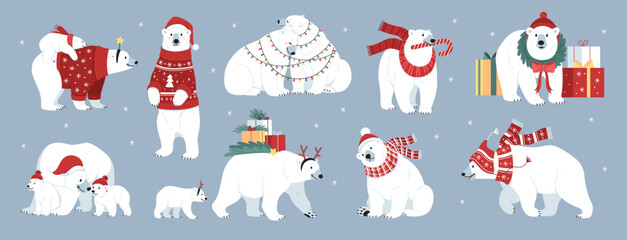 Cute polar bear characters. Funny big arctic animals with winter clothes, merry christmas wears, happy mom and baby in hats, cartoon flat style isolated xmas celebration tidy vector set