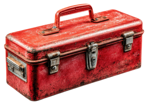 Worn red metal toolbox with rusty latches and handle