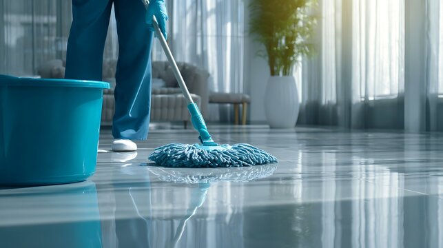 Professional cleaning service worker meticulously mopping a glossy floor in a bright, modern interior with sunlight from the windows