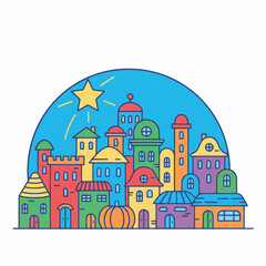 Whimsical colorful cartoon town illustration with star and pumpkin in blue sky