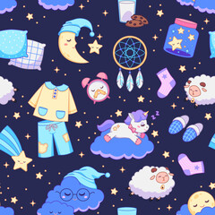 Naklejka premium Bedtime elements seamless pattern. Sweet dream objects, repeated sleeping items, pajamas, lamb, stars, good night textile, wrapping paper, wallpaper. Print for fabric tidy vector background