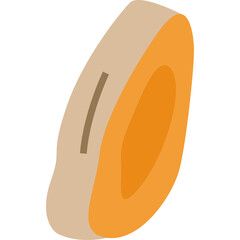 Isometric view of a cross-section of an orange fruit with textured peel and pulp in warm yellow and brown tones against a clear transparent background