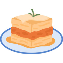 Layered Dessert Cake With Cream Topping And Green Garnish On Blue Plate Isolated On Transparent Background Simple Flat Design