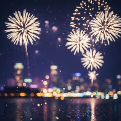 Obraz premium Spectacular Fireworks Display Over City Skyline at Night.