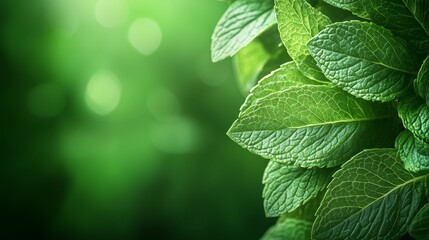 52.A crisp and vibrant close-up shot of fresh mint leaves, their veins and texture clearly visible, set against a soft, blurred green background, capturing the natural freshness and rich green tones