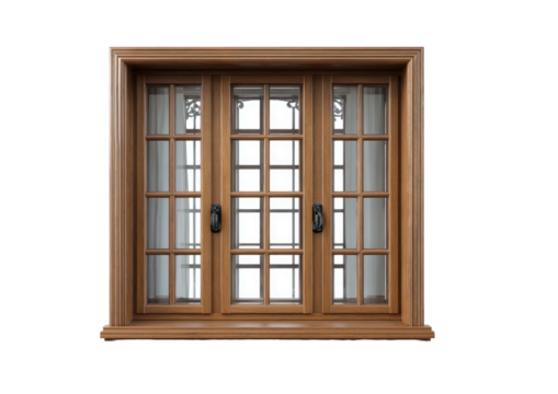 Paneled wood window, three sections, dark hardware