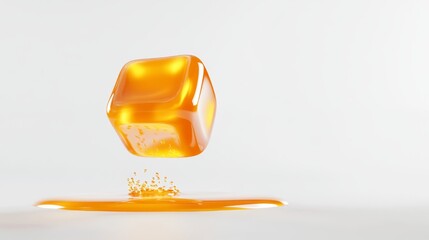 4.A dynamic image showing a single caramel candy in mid-air, suspended above a white surface, with a glossy, smooth surface reflecting the light. The candy has a rich amber color, and the surrounding