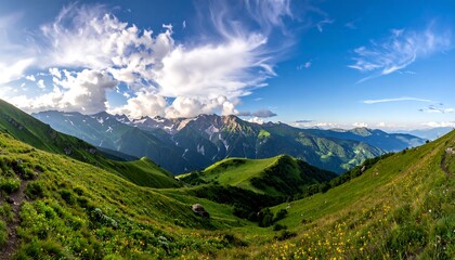 Fototapeta premium A sprawling mountain panorama under a bright blue sky with wispy clouds and lush green hills in the foreground