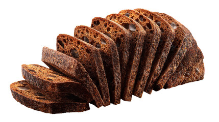 A loaf of dark rye bread, sliced and fanned out, isolated on a transparent background