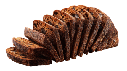 A loaf of dark rye bread, sliced and fanned out, isolated on a transparent background