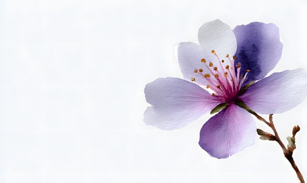 a softy white background, a only one central minimalist purple flower watercolor style