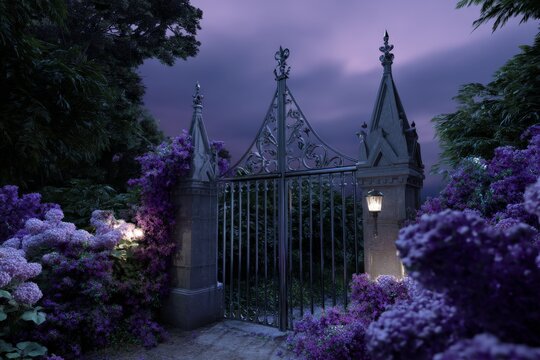 Enchanting gothic garden at twilight with wrought iron gates - Powered by Adobe