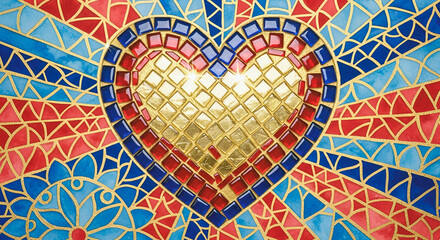  Oriental Heart Mosaic with gold and gemstones. Colorful background with a complex geometric pattern. Oriental motifs, jewelry.. Perfect for luxury designs and ethnic patterns.