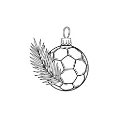 Obraz premium Black and white line art Christmas ornament, soccer ball festive holiday decoration, plant leaf design