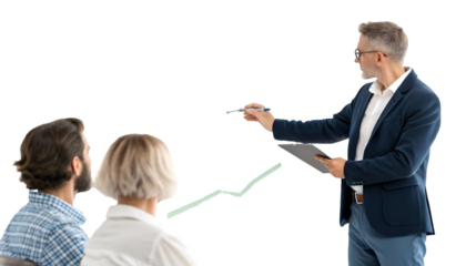 Business professional presenting financial growth data to an audience during a corporate meeting, isolated on transparent background