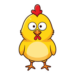 Adorable cartoon baby chicken, a cute yellow chick with a red comb, standing upright