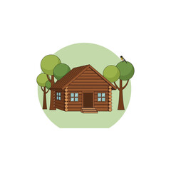 Charming rustic log cabin illustration, surrounded by green trees, a small bird perched above, tranquil nature scene.