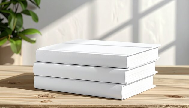 A clean stack of three white hardcover books on a wooden table, illuminated by soft natural light, casting subtle window shadows on the wall, ideal for learning and modern design - Powered by Adobe