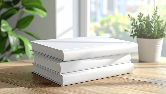 Stack of clean white books on a wooden desk with soft natural light filtering through a window in the background - Powered by Adobe