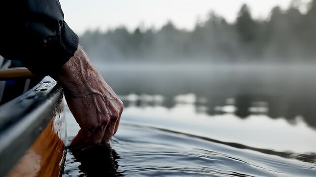 Person Touches Lake Water From Canoe in Serene Environment