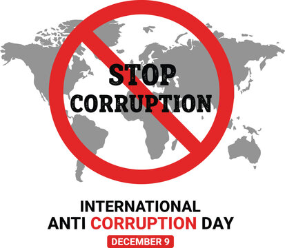 International Anti-Corruption Day image with a world map and a red circle with a line through it.