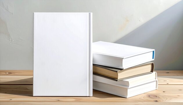 A blank white hardcover book stands upright on a wooden table, next to a stack of books, perfect for a mockup or design template presentation - Powered by Adobe