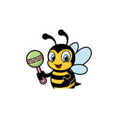 Cute cartoon bee character, happy and friendly, holding a green and pink baby rattle illustration