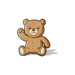 Cute smiling teddy bear cartoon illustration, friendly brown stuffed animal waving hello, joyful character design